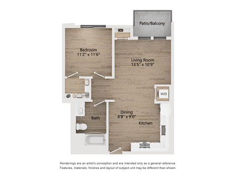 Floor plan for 1 bed, 1 bath, 728 sqft